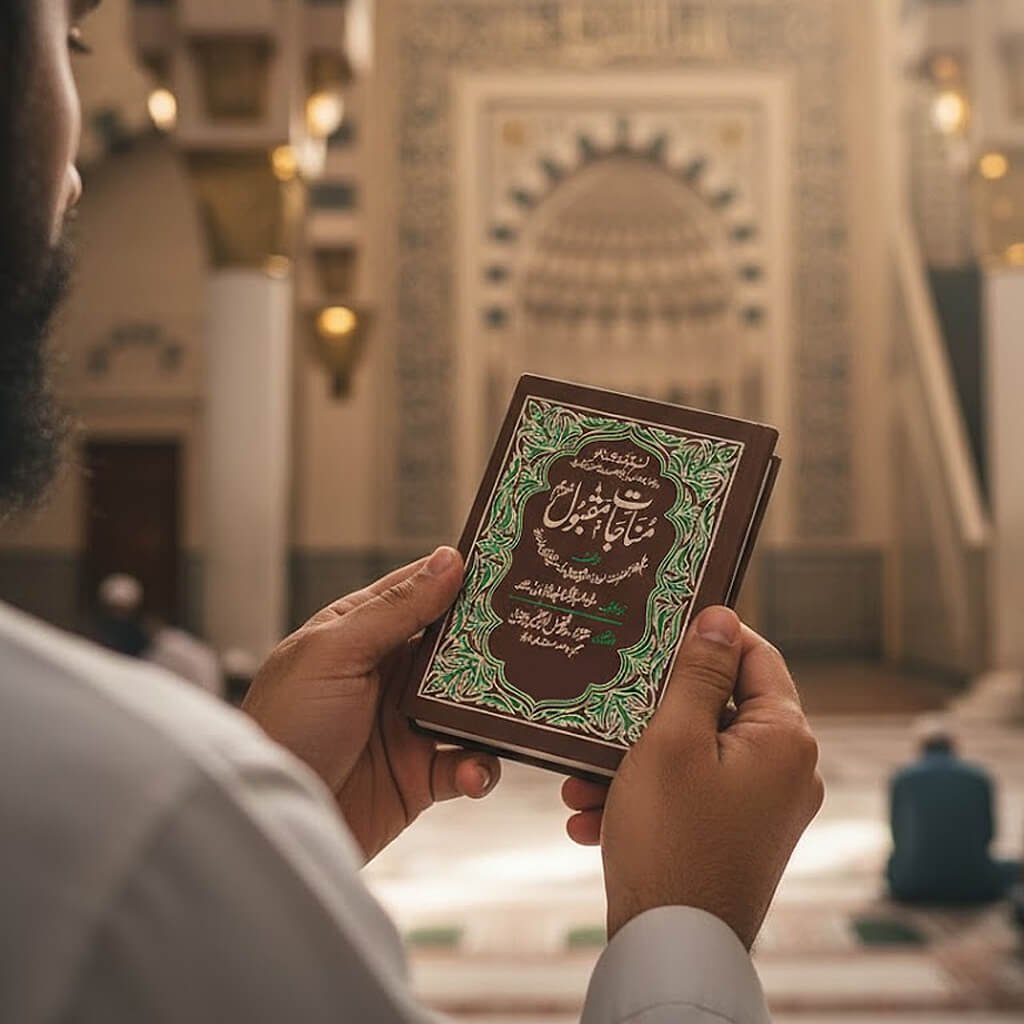 Man Reciting Munajat-e-Maqbool Book in Mosque Interior