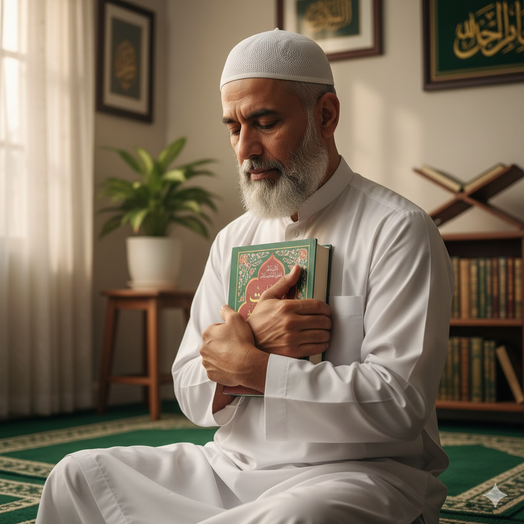 A man is holding munajat e maqbool close to his chest.