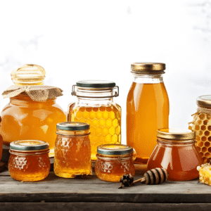 Different-Honey-jars-on-table